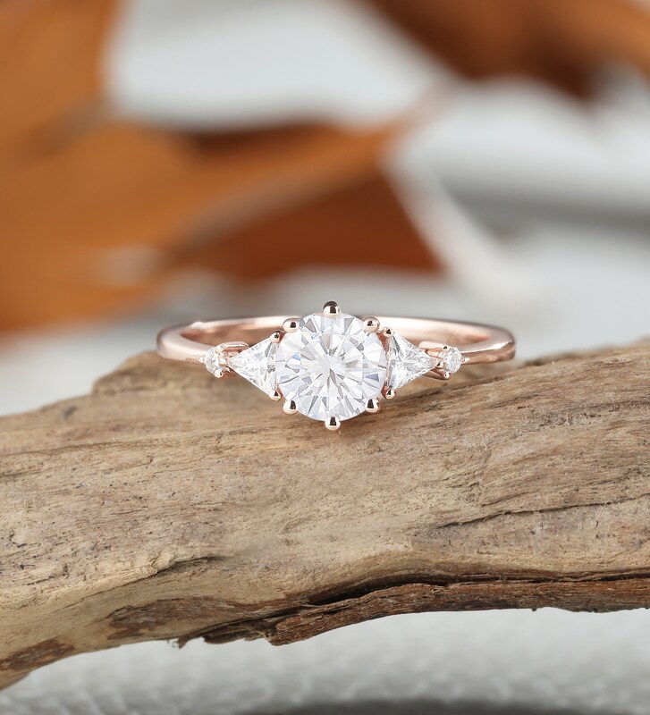 Round cut moissanite engagement ring, trillion cubic zirconia ring, vintage rose gold ring, promise wedding ring, personalized bridal ring